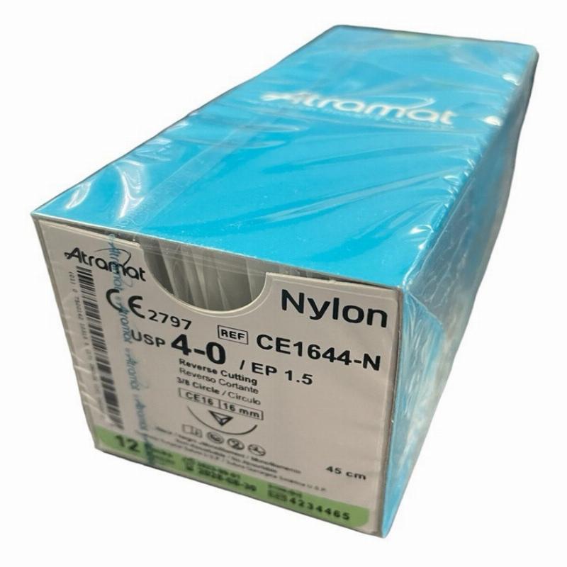 Нейлон (поліамід) CE1644-N чорний монофіламент, що не розсмоктується USP 4-0 (EP1,5) зі зворотн.-ріж. голкою 16мм, 3/8кола, довж. нитки 45см